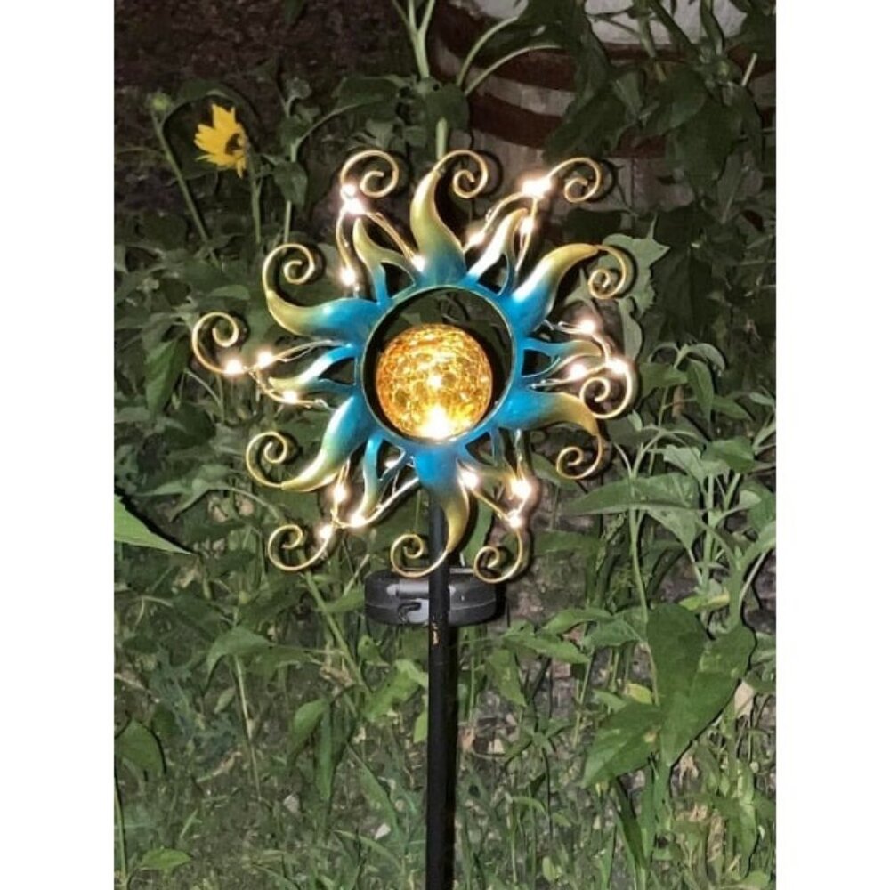 Solar Garden Metal Sun Lights Decor, Golden Blue Stake Decor with Vine String